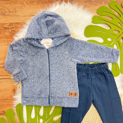 Conj. Jaqueta de Pelinho com Capuz e Calça de Moletom - Azul Marinho